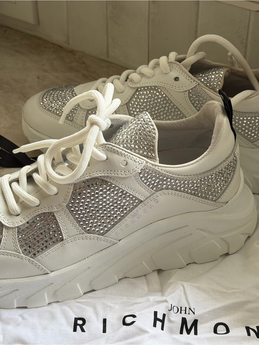 John Richmond White Sneakers with Silver Crystal Panels
